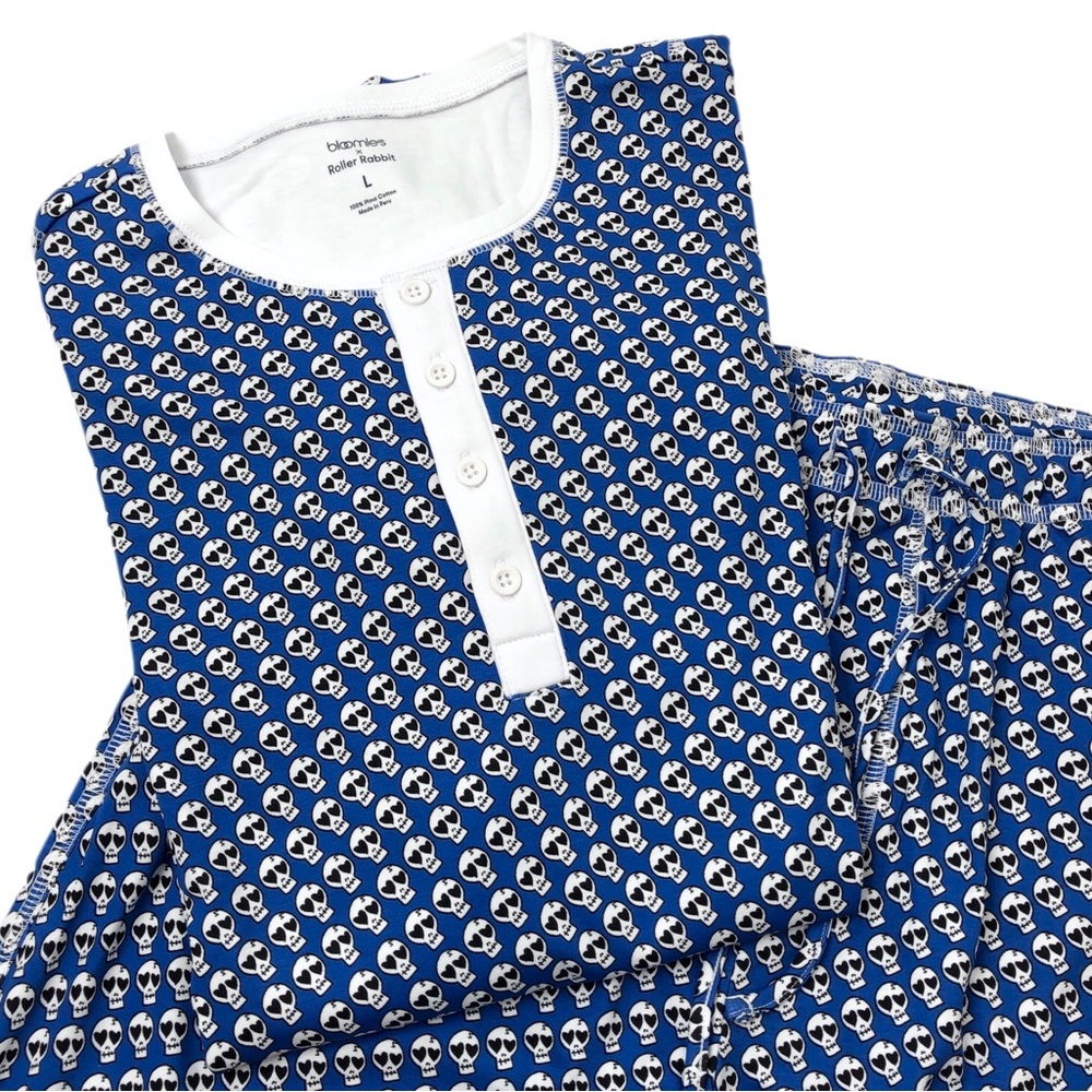 Bloomies x Roller Rabbit Blue White Heart Skull Pima Cotton Pajama Top Pant Set - Picture 4 of 7